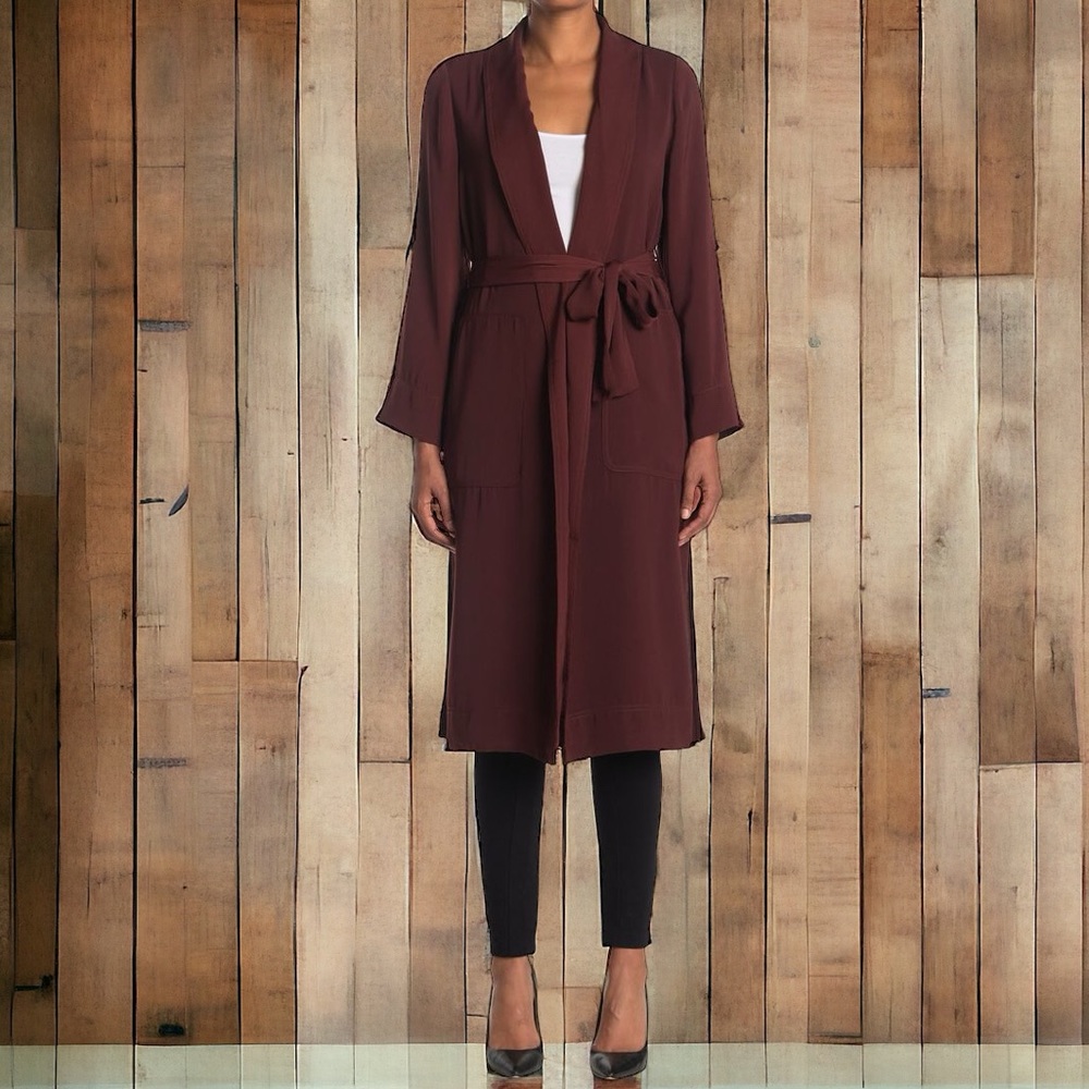 DR2 Daniel Rainn Long Woven Open Belted Trench Coat Chestnut Nordstrom Womens L - Picture 15 of 15